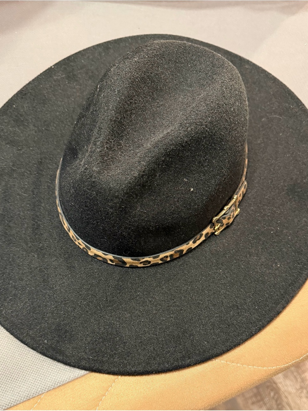 Black Wool Fedora with Leopard Print Band - Women's Hat